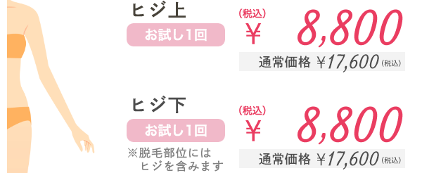 ヒジ上 お試し1回 ¥8,800（税込） 通常価格¥17,600 ヒジ下 ※脱毛部位にはヒジを含みます お試し1回 ¥8,800（税込） 通常価格¥17,600