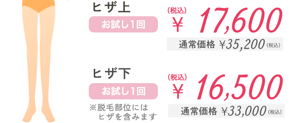 ヒザ上 お試し1回 ¥17,600（税込） 通常価格¥35,200 ヒザ下 ※脱毛部位にはヒザを含みます お試し1回 ¥16,500（税込） 通常価格¥33,000