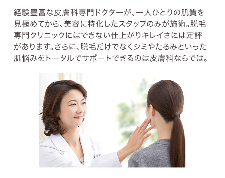 経験豊富な皮膚科専門ドクターが、一人ひとりの肌質を見極めてから、美容に特化したスタッフのみが施術。脱毛専門クリニックにはできない仕上がりキレイさには定評があります。さらに、脱毛だけでなくシミやたるみといった肌悩みをトータルでサポートできるのは皮膚科ならでは。