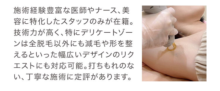施術経験豊富な医師やナース、美容に特化したスタッフのみが在籍。技術力が高く、特にデリケートゾーンは全脱毛以外にも減毛や形を整えるといった幅広いデザインのリクエストにも対応可能。打ちもれのない、丁寧な施術に定評があります。